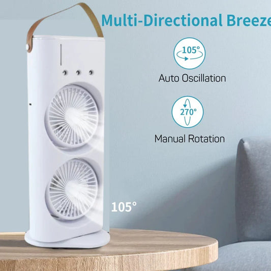 Double Head Mist Cooling Fan with Remote | 3-Speed USB Rechargeable Air Cooler for Desk & Bedroom (1 Pc  With Remote)