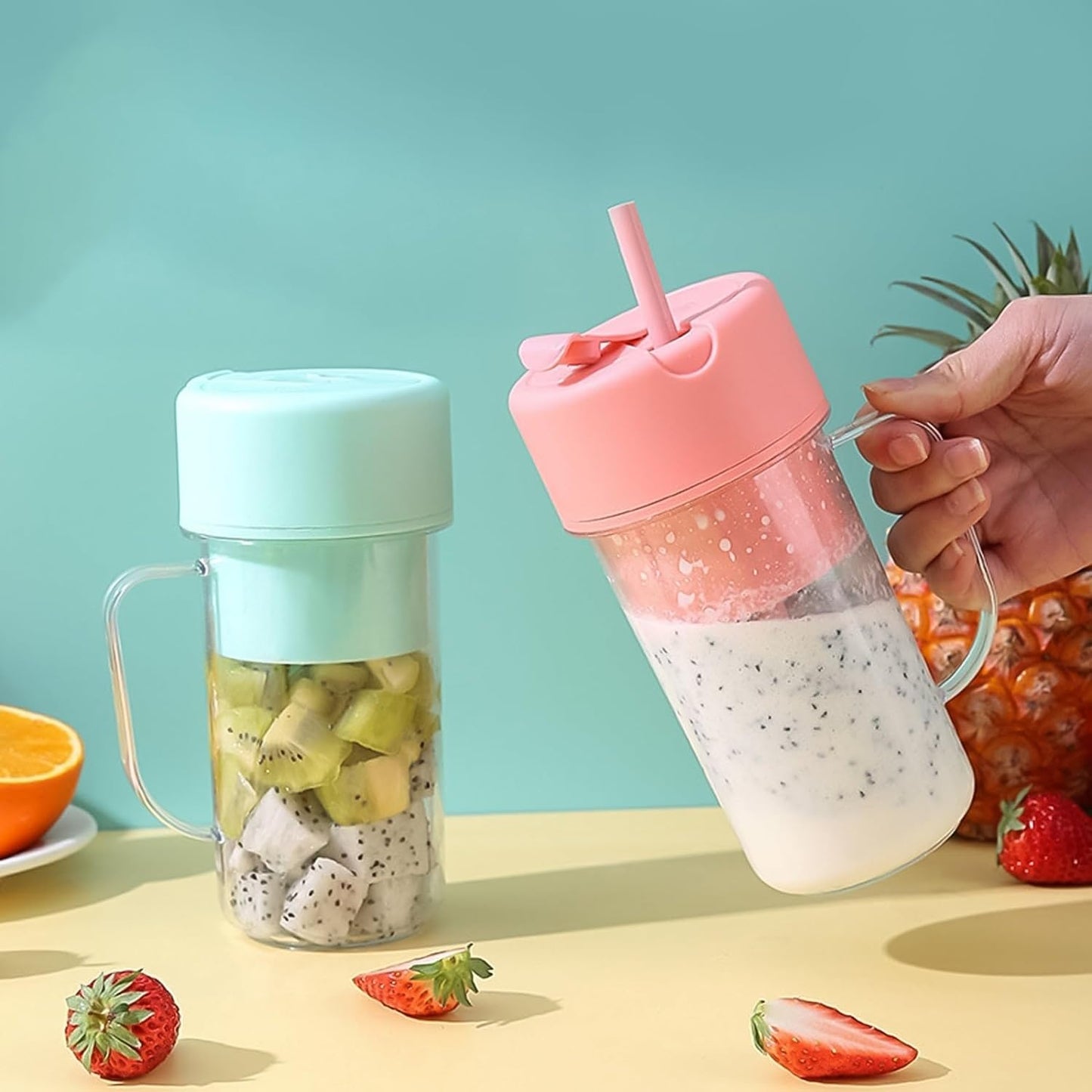 Portable USB Rechargeable 6-Blade Juicer Blender – 420ml Travel Smoothie Maker with Handle & Straw