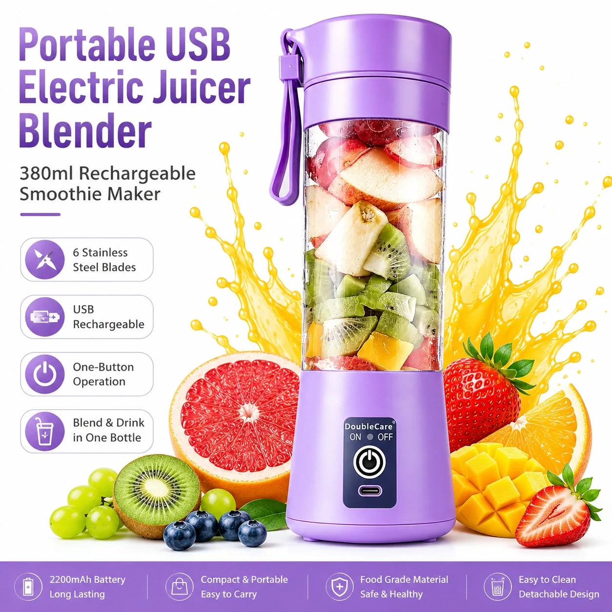Portable USB Electric Juicer Blender – 6 Stainless Steel Blades | Rechargeable Protein Shaker & Smoothie Maker (380ml)