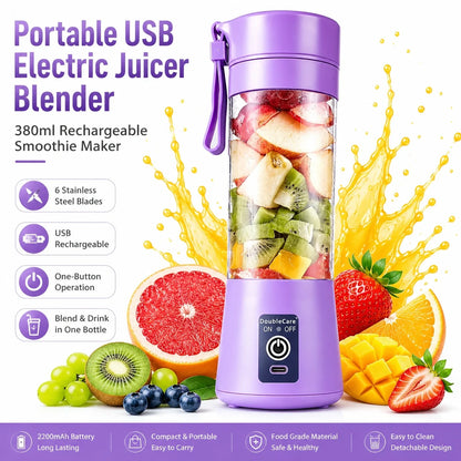 Portable USB Electric Juicer Blender – 6 Stainless Steel Blades | Rechargeable Protein Shaker & Smoothie Maker (380ml)