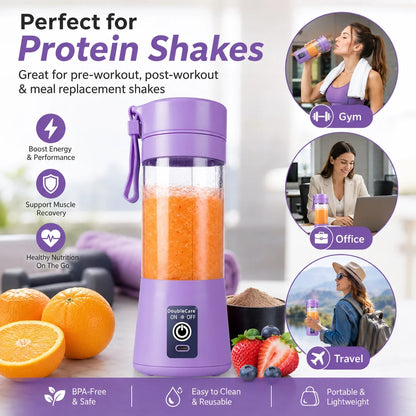 Portable USB Electric Juicer Blender – 6 Stainless Steel Blades | Rechargeable Protein Shaker & Smoothie Maker (380ml)